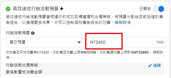 投放金額建議都是從至少400元/日起跳開始投放，不然就先不要投放了