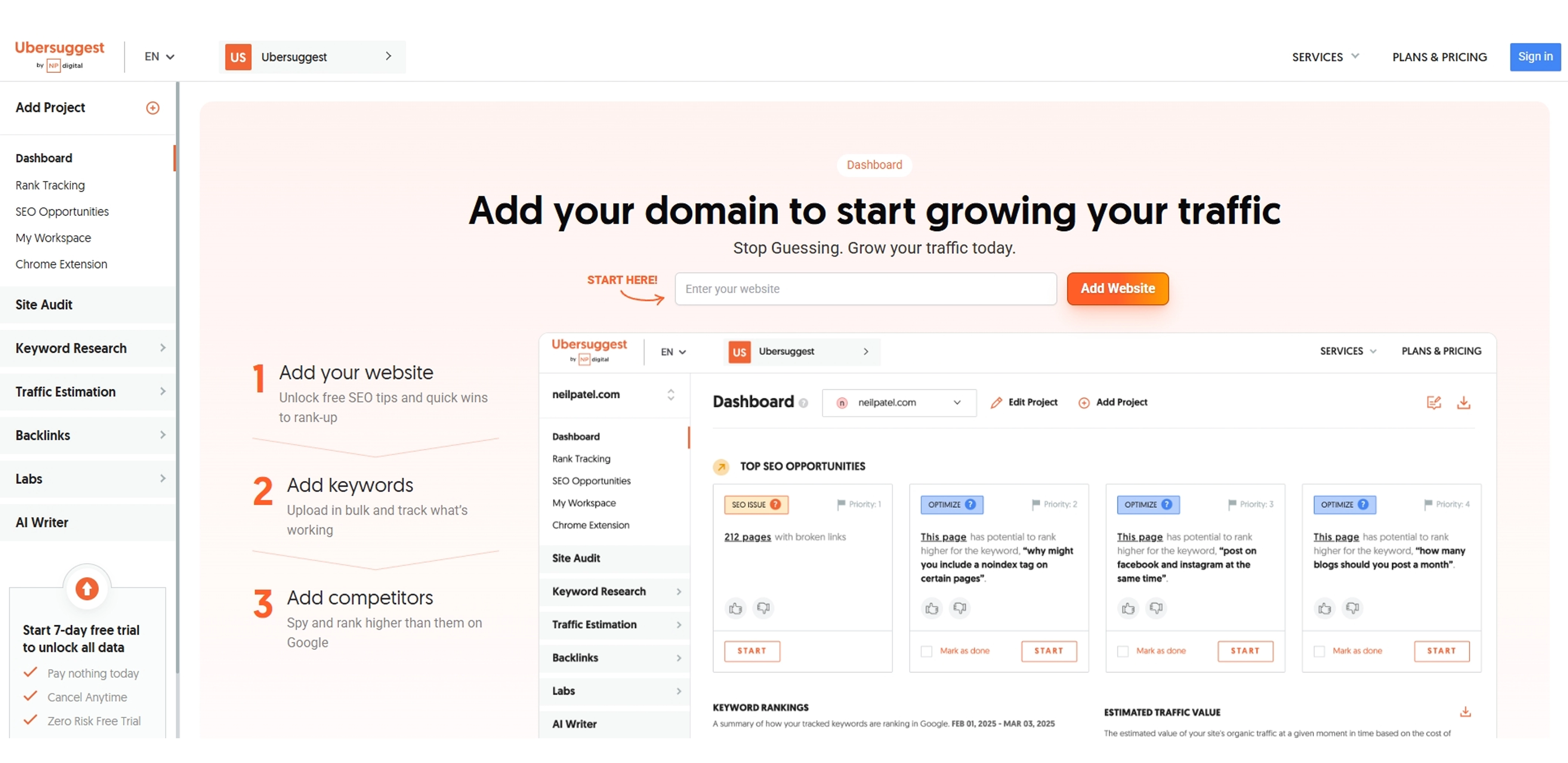 全球SEO公認軟體去檢測 (Ubersuggest)