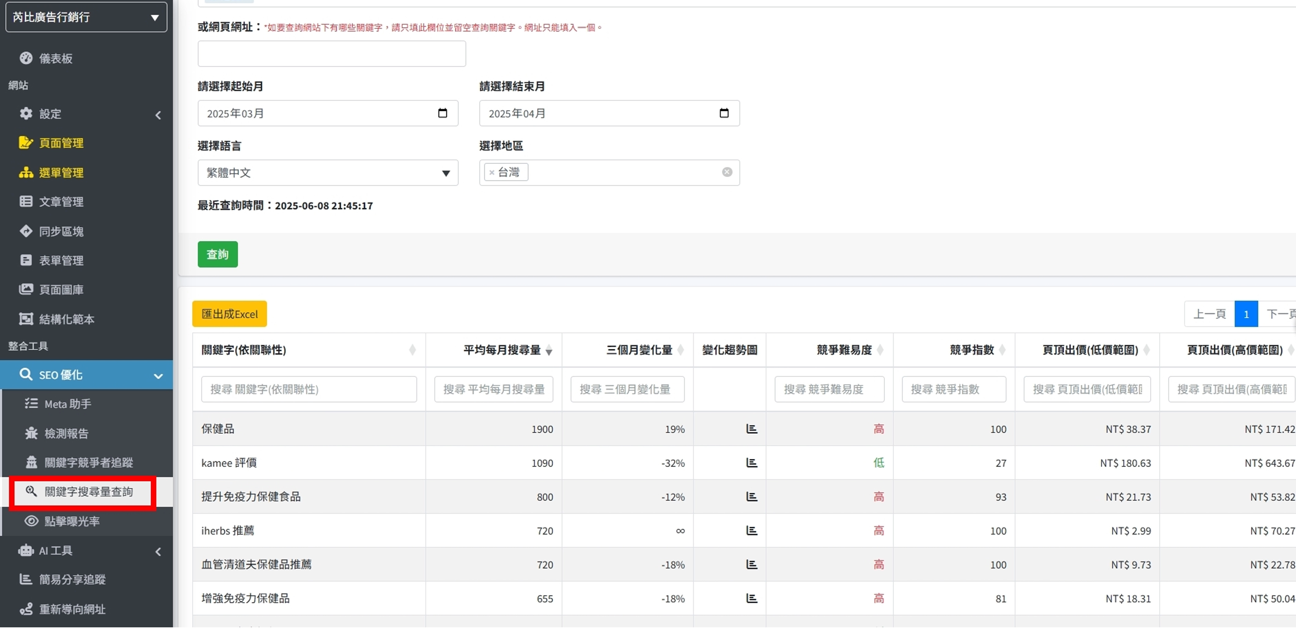 善用網站內工具【SEO優化】=>【關鍵字搜尋量查詢】